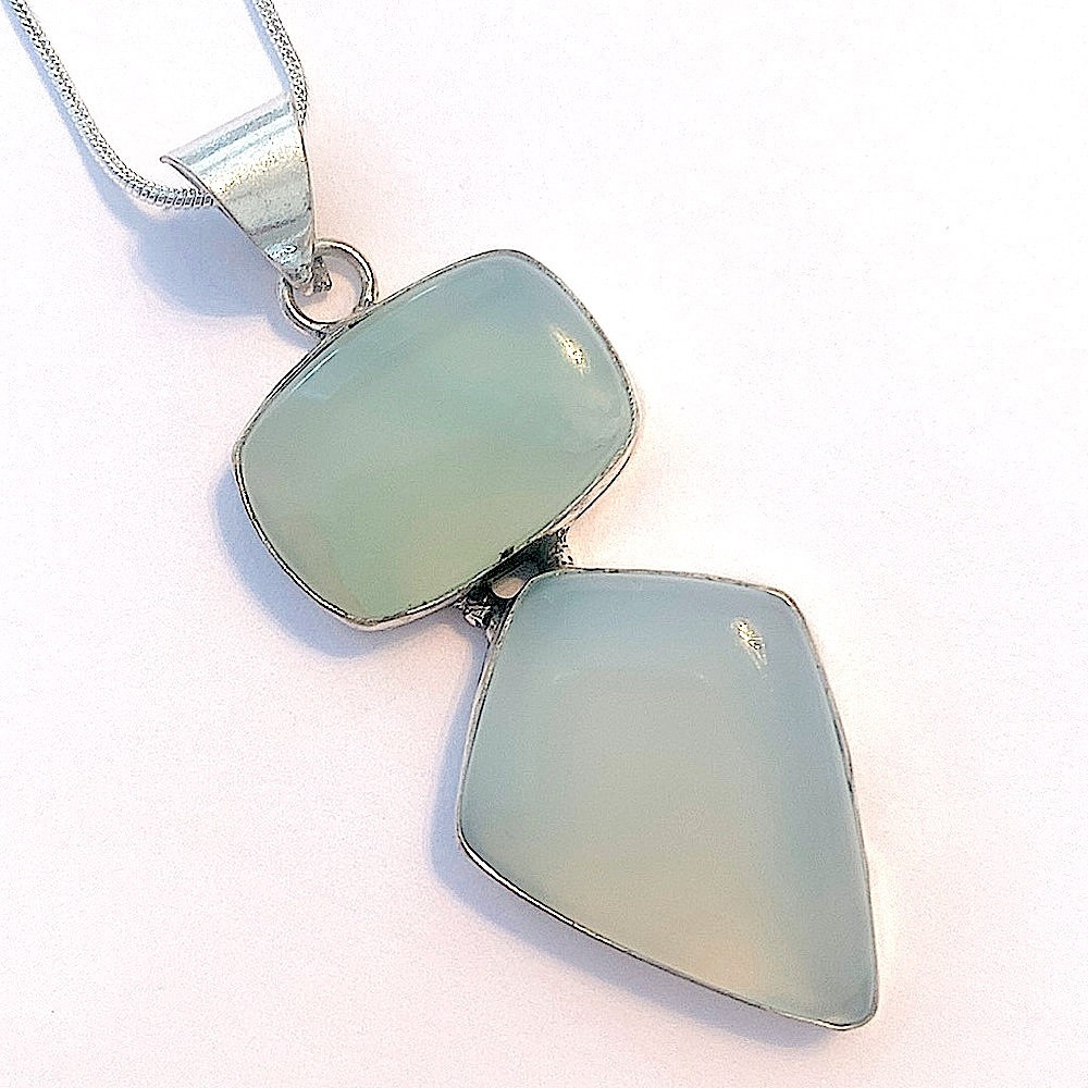 2 inch. 2 stone Aqua Chalcedony. Pendant on a silver chain.